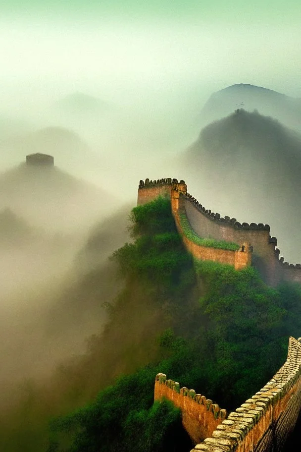 Great wall China in the misty morning