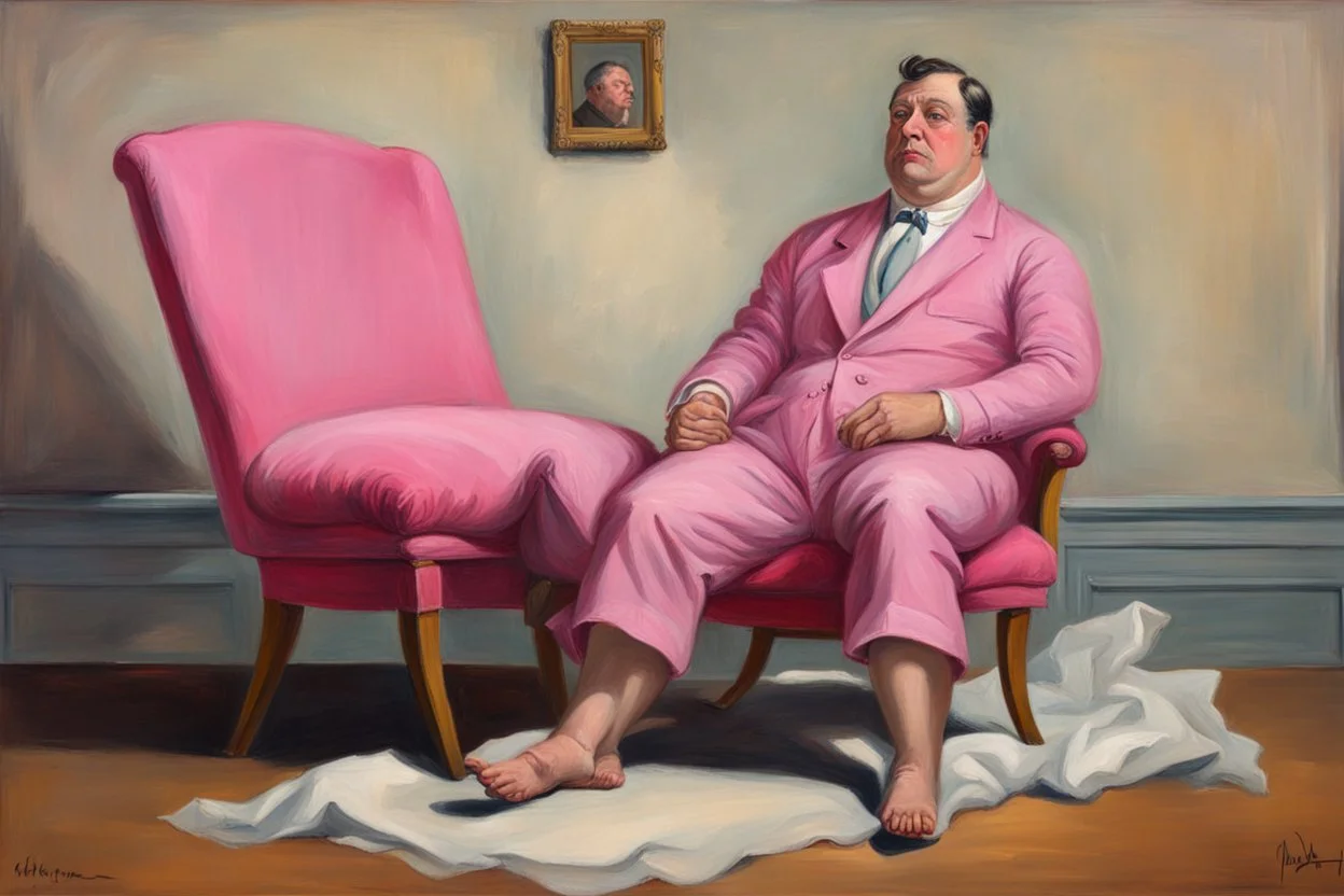 pink chair with big gay man .19th painting