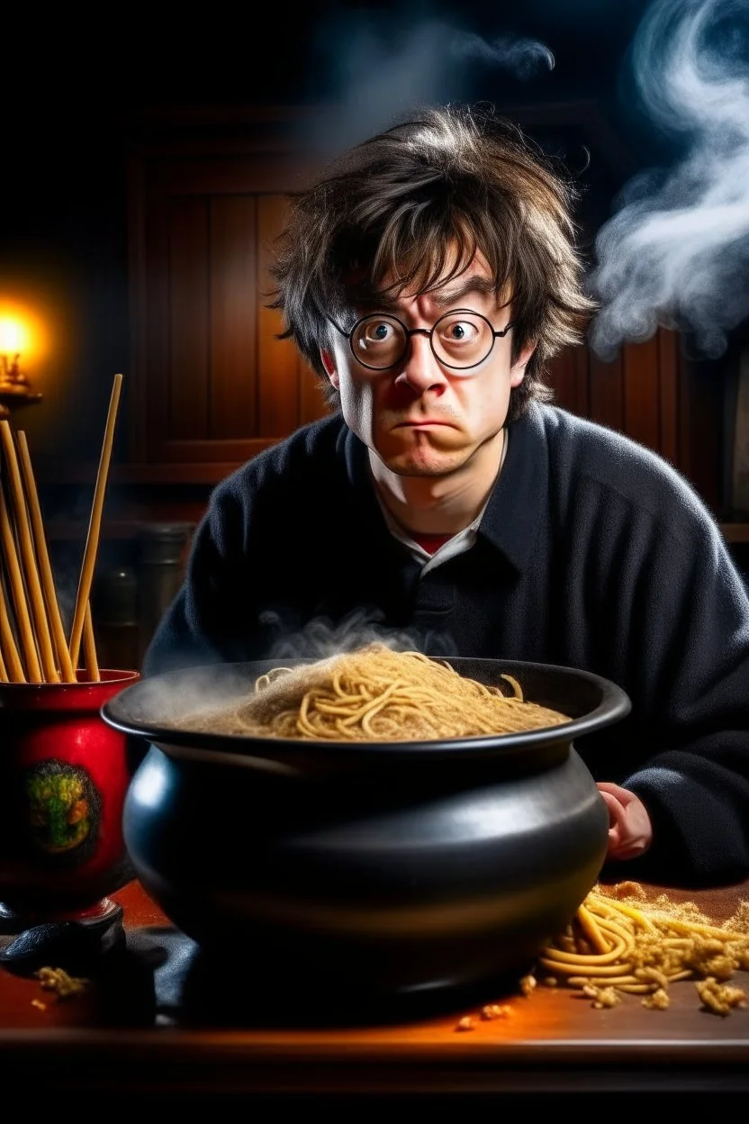 Angry Harry Potter use pot with chinese noodles beside the Hermione