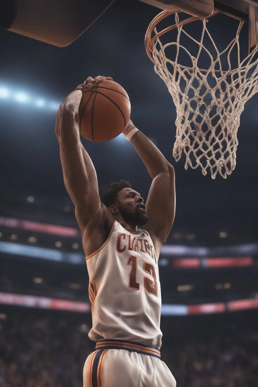 8k, highly realistic and detailed image of a NBA basketball player in action dunking the ball in the net, sweaty hair, screaming look,action and smoke and flames background