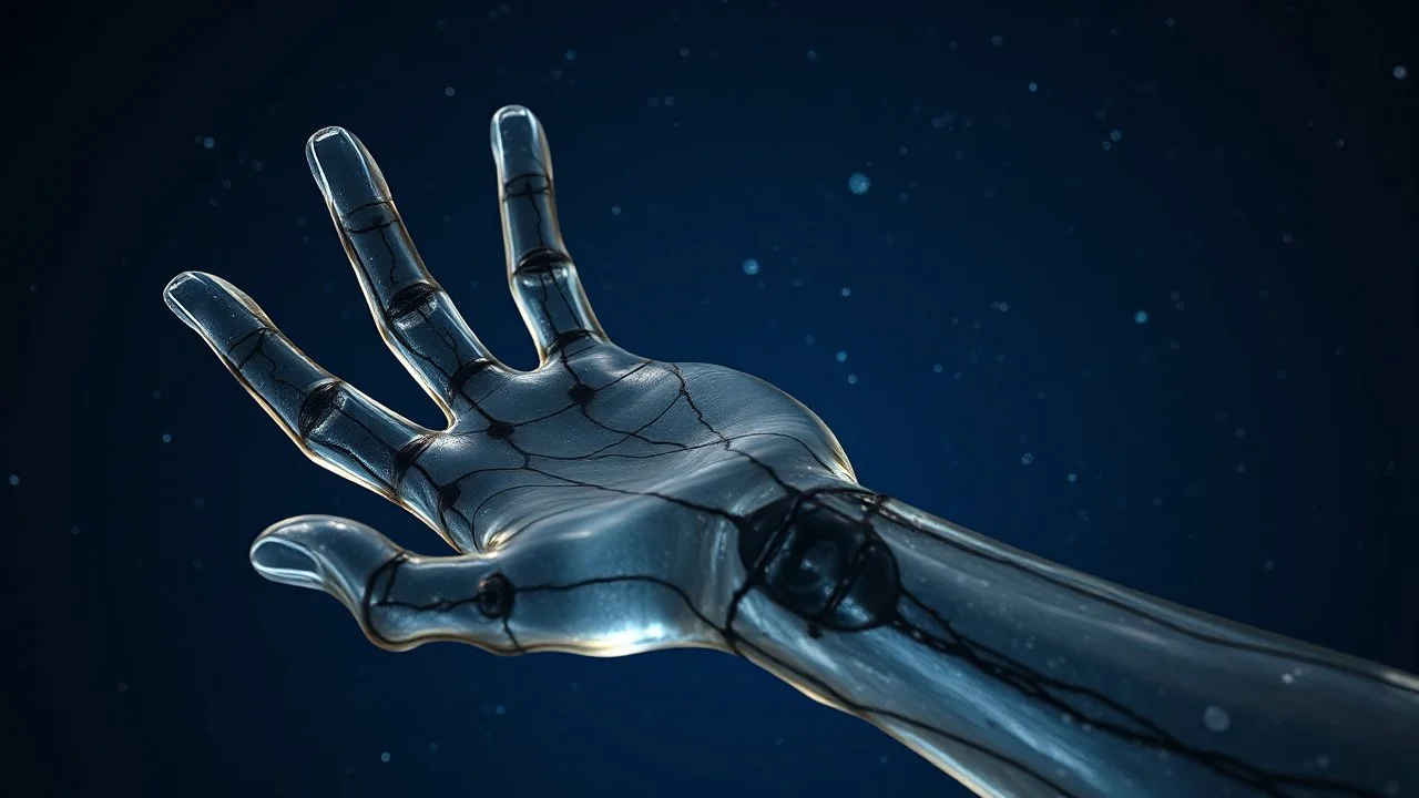 fekete tengerből a mélykék ég felé nyúló átlátszó üveg kar fekete erekkel és öt ujjal, sötét univerzum, halvány csillagok, galaxis, detailed, high realistic, lenyűgöző, dark. gloomy