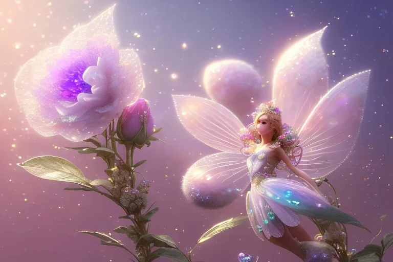 one big crystal subtle flower in a galactic ambiance, transparent petals, delicate colors, in the foreground, with a little beautiful fairy, full of details, smooth, bright sunshine，soft light atmosphere, light effect，vaporwave colorful, concept art, smooth, extremely sharp detail, finely tuned detail, ultra high definition, 8 k, unreal engine 5, ultra sharp focus