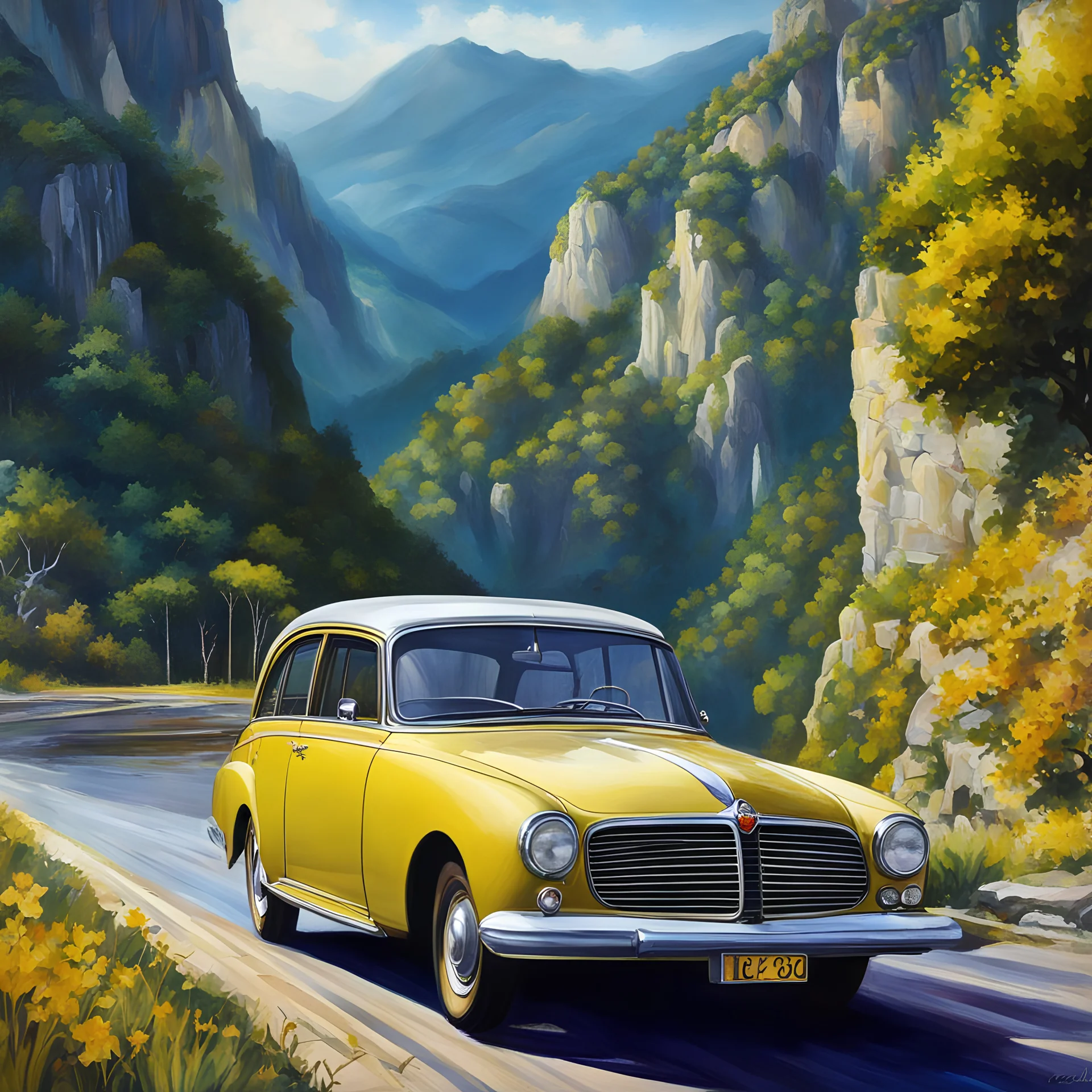 Painting, art deco, art nouveau, fast driving a Opel Olympia Rekord in italy, coast mountains 1980, Ultra HD, realistic painting, 8K