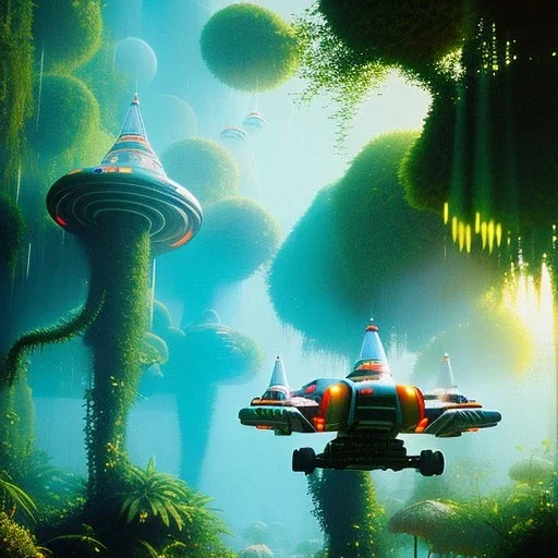 volumetric jungle environment, chris foss style painting, hovercraft, highly detailed