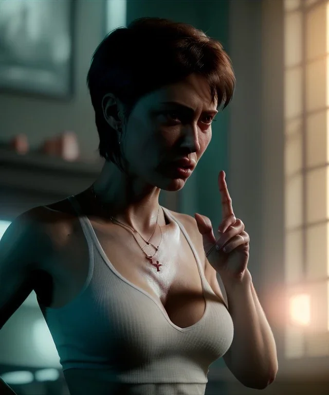 Ultra Realistic image, medium shot view, woman making the fuck off finger gesture, highly detailed, unreal engine 5, RTX, ultra detail, volumetric lighting, finely drawn, high definition, high resolution.