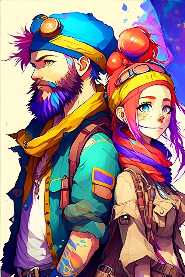 anime couple, adventurers, colorful, man with beard