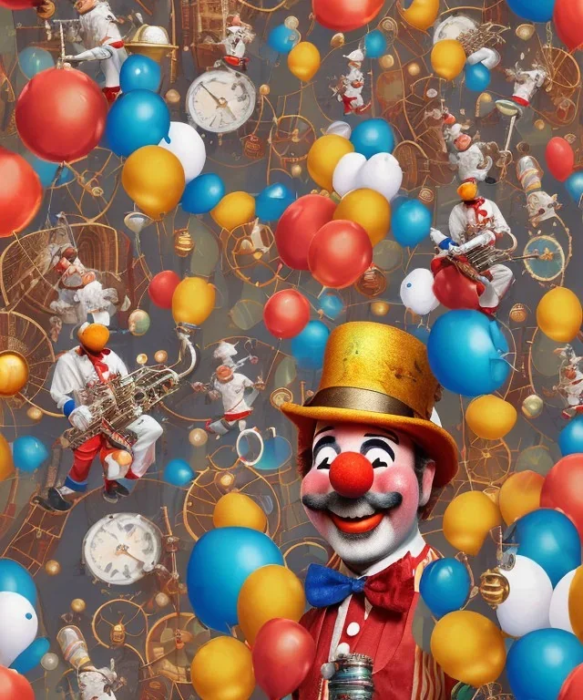 happy and funny old friendly clown with round head and trimmed beard playing jazz with a steampunk theme, trumpet on mouth, paintbrush and aisle, carnival, dreamy