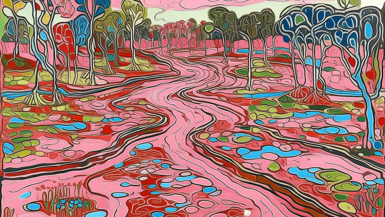 A pink swamp near a highway designed in Australian aboriginal art painted by Jean Dubuffet