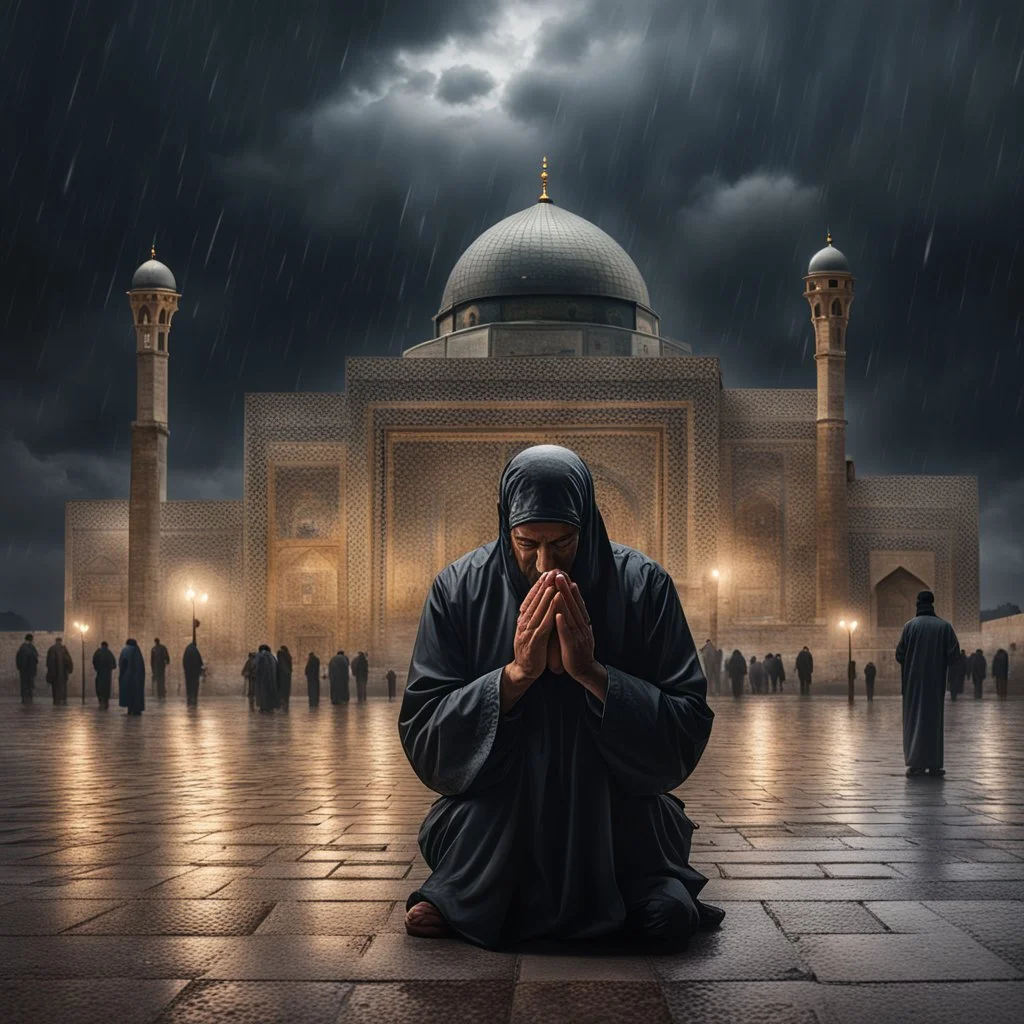 Hyper Realistic Man praying outside al-aqsa mosque at dark heavy rainy night with dark clouds