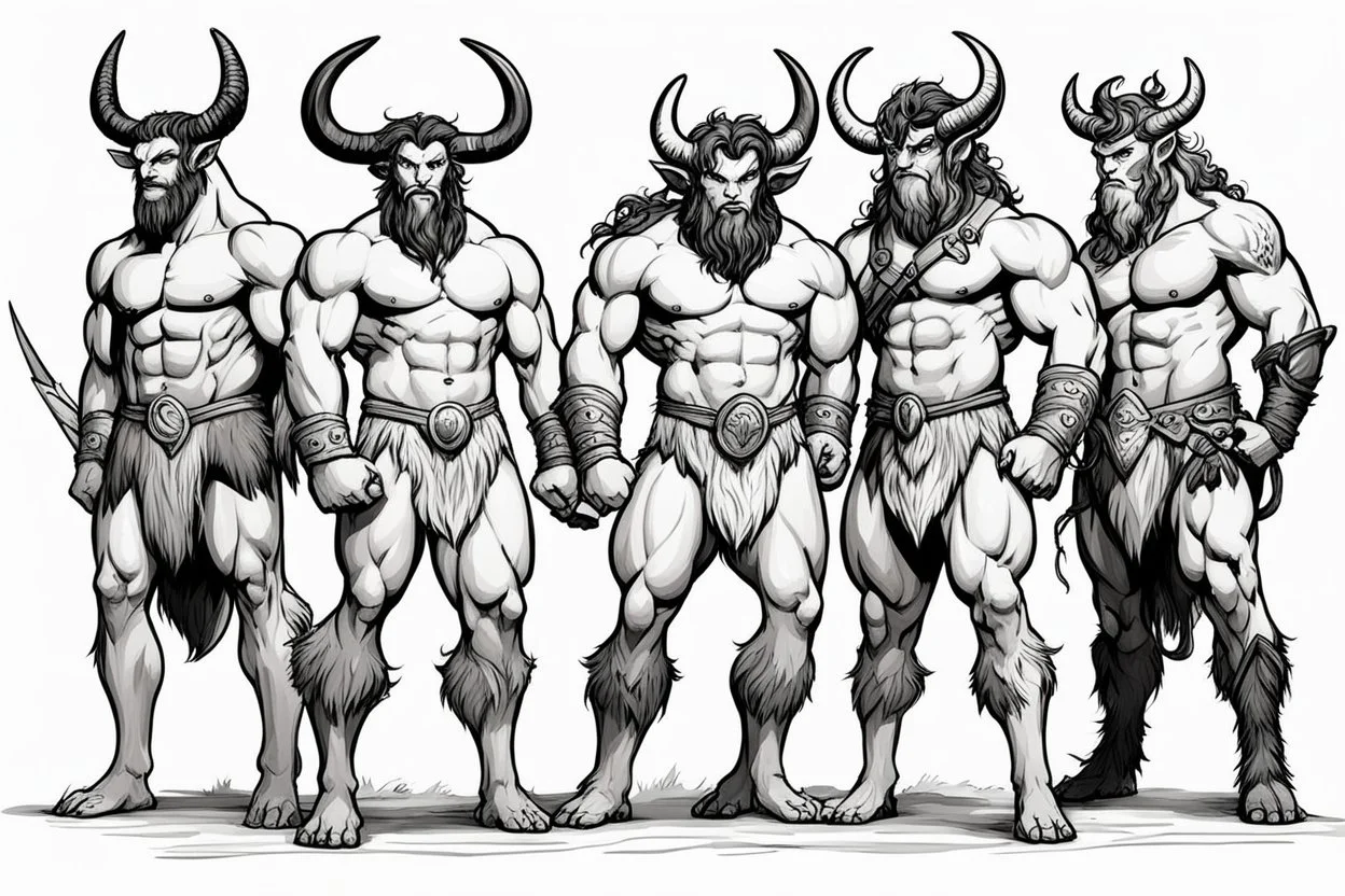 a creative line of creatures on the same specie: faun, satyr, centaur, minotaur from left to right. Standing for the purpose of a movie