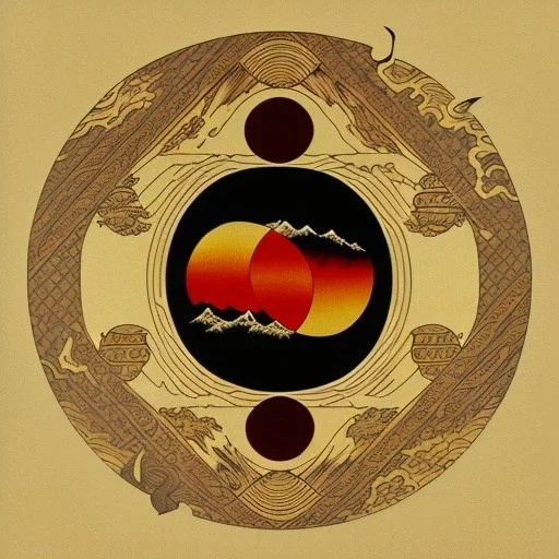 Ukiyo-e styled art, yin and yang sign, mountains and sun