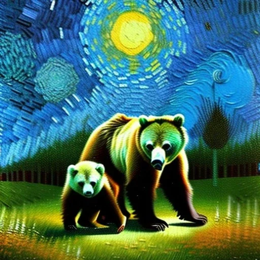 Dibujo al oleo de un oso grizzlie con su cria en el bosque con nubes estilo Vincent van Gogh