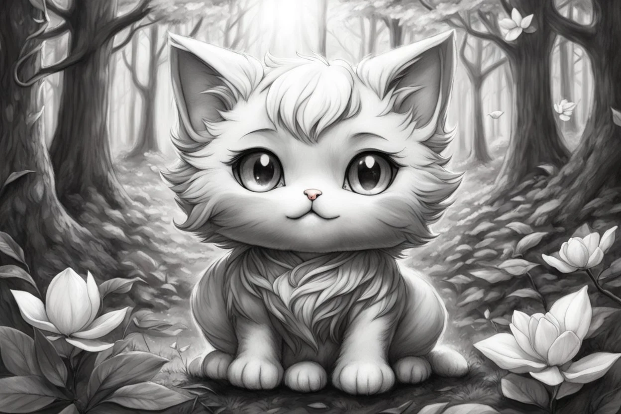 cute anime chibi cat in magnolia forest in sunshine Weight:1 hyperdetailed charcoal drawing Weight:0.9