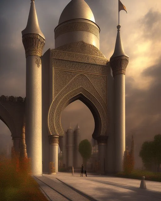 A gothic_arab gate with a view of an old Arab city