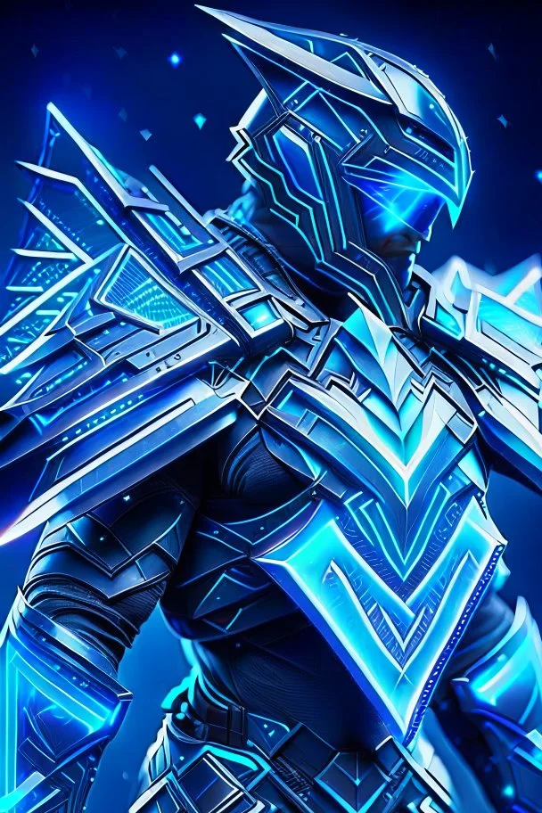 neon blue, flying parts of armor in form of triangles, cyber armor, geometric patterns on armor, male, orbiting triangle