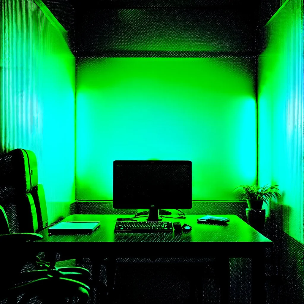 Unsettling room, neon lights, signs, empty, a computer is running, liminalcore, distressful, anguish, painful