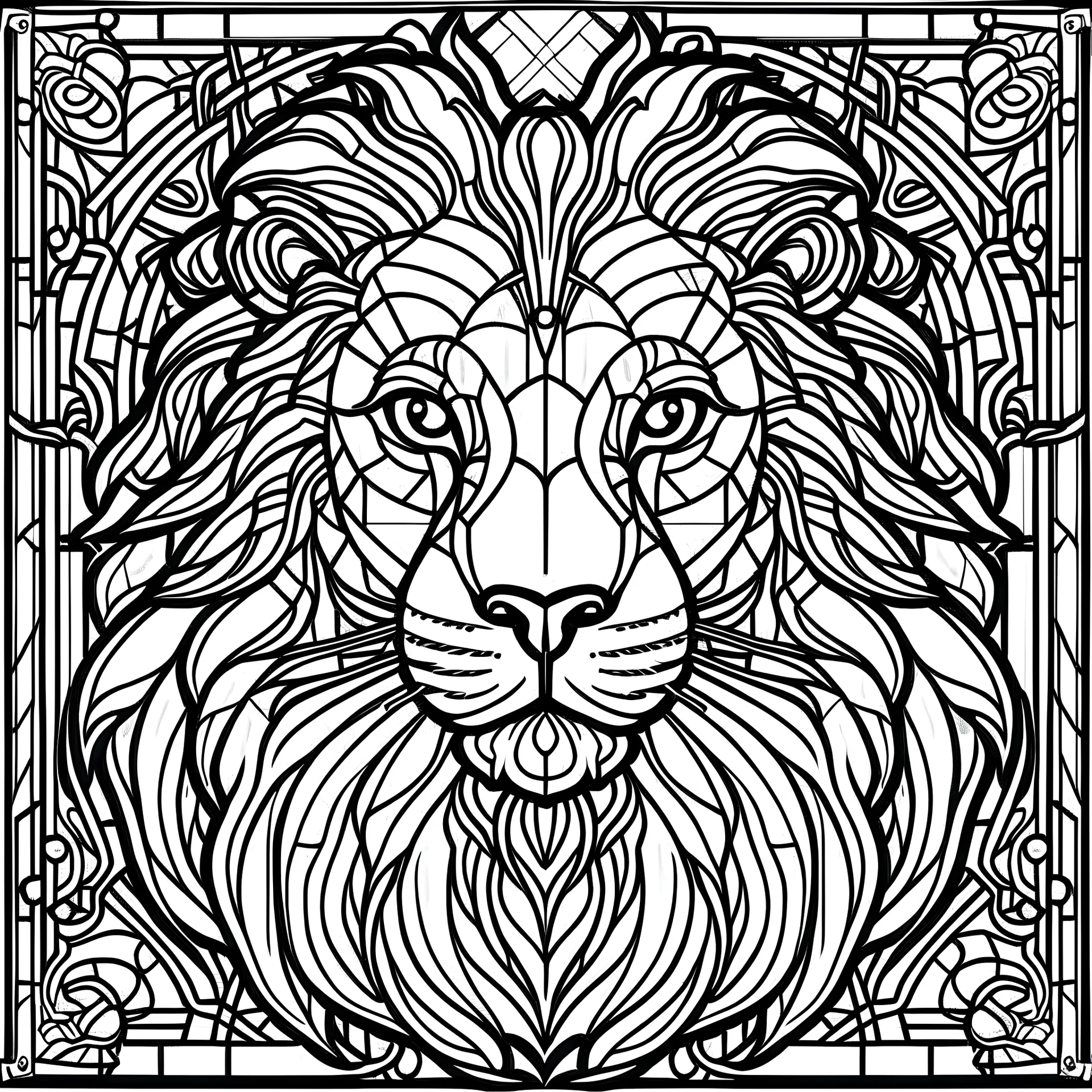 outline art for square lion head stained glass style coloring page for kids, classic manga style, anime style, realistic modern cartoon style, white background, sketch style, only use outline, clean line art, no shadows, clear and well outlined