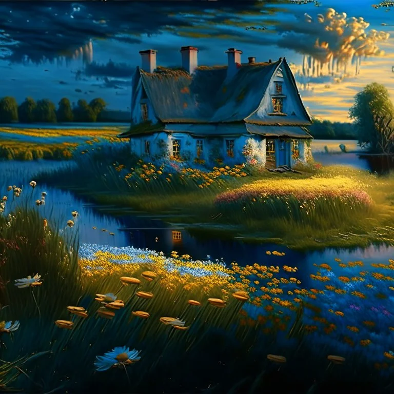 cottage , in the fields, Lake, airbrush, flowers by Van Gogh Modifiers: extremely detailed fantasy 8k oil on canvas very attractive dynamic lighting Unreal Engine cinematic postprocessing Van Gogh Thomas Kinkade glowing Craig Rutkowski