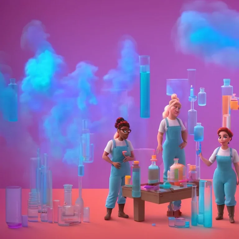 group of scientists is in the laboratory. invent new colors. smoke rises from multi-colored glassware. they are wearing overalls. color swatches in the background. hyperdetailed, orange and teal, warm colors, detailed painting, photorelistic, oil on canvas, light dust, futuristic. volumetric lighting