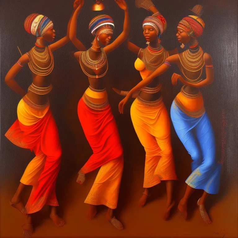 an abstract painting with figures of three African women dancing