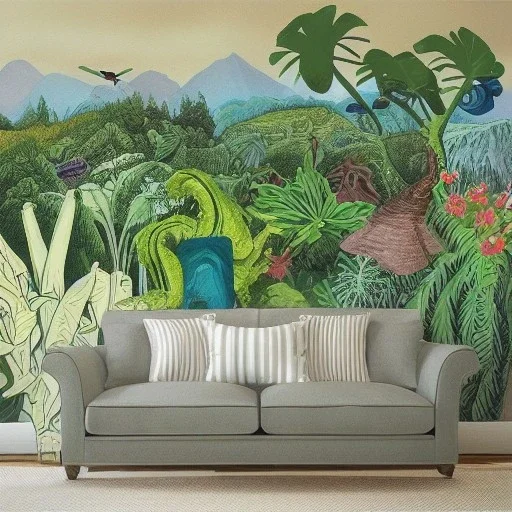 landscape mural of alien plants and animals