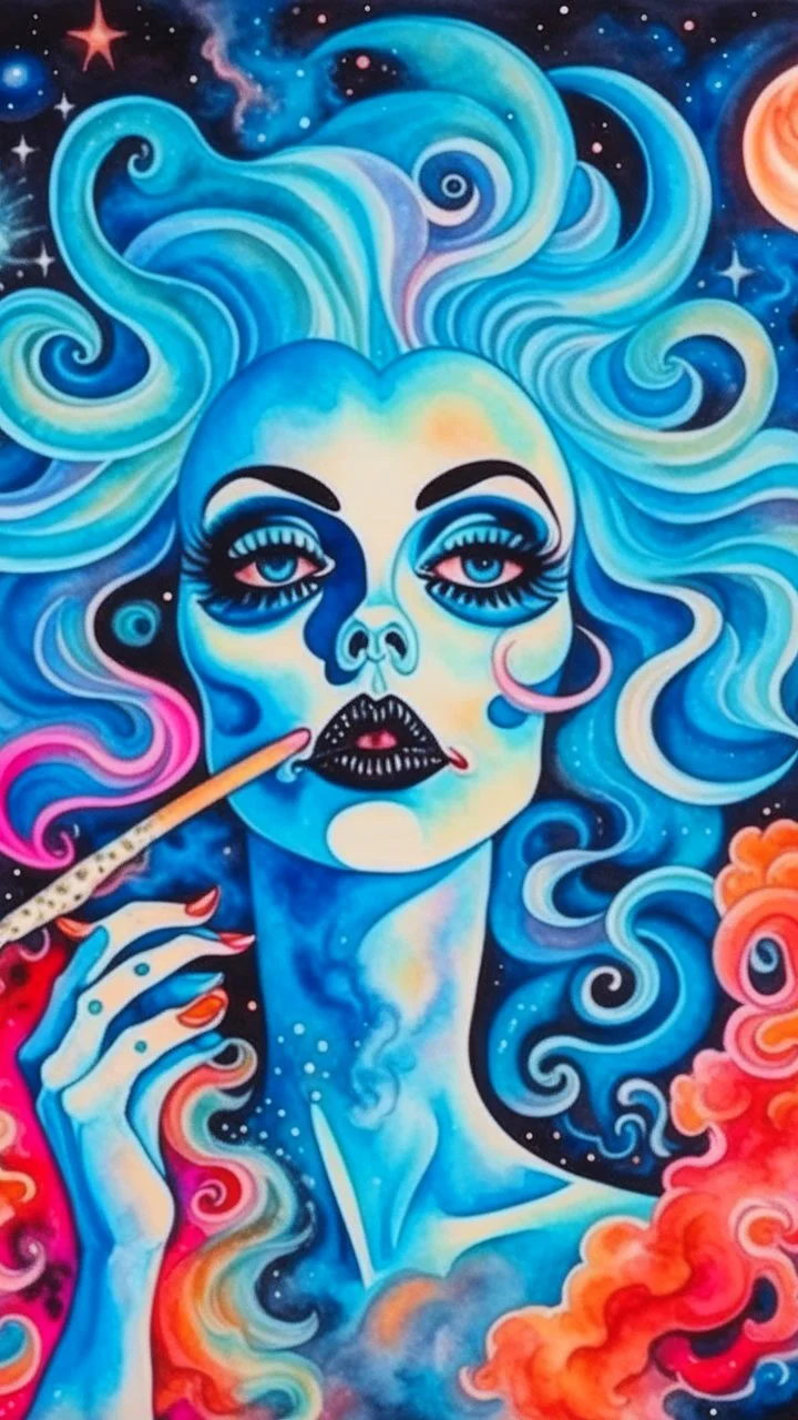 painting of a woman smoking a cigarette, her eyes are crescent moons, her hair is an interstellar nebula, watercolor painting, psychedelic art, cosmic horror, lovecraftian,