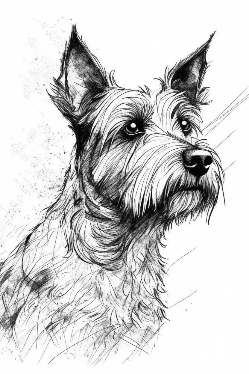 Portrait of a terrier, traditional hand-drawn ink line sketch, retaining rough structure lines and flying lines; watercolour , transparent, water scale edge and strong white highlight; texture white paper background, strong line dynamics; 3:4
