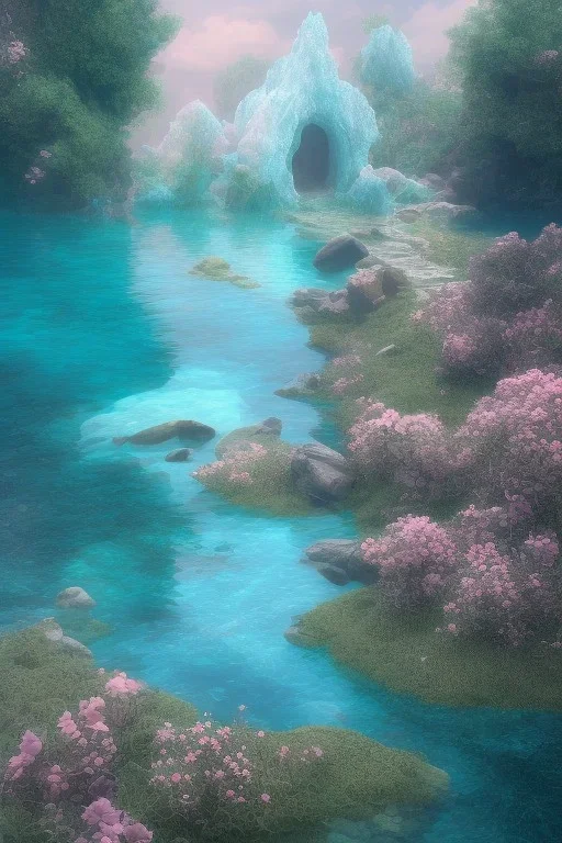 lac turquoise, petit rocher avec mousse, fleurs rose et blance, dome précis détaillé, etoile filante, cristaux, vray, cgi