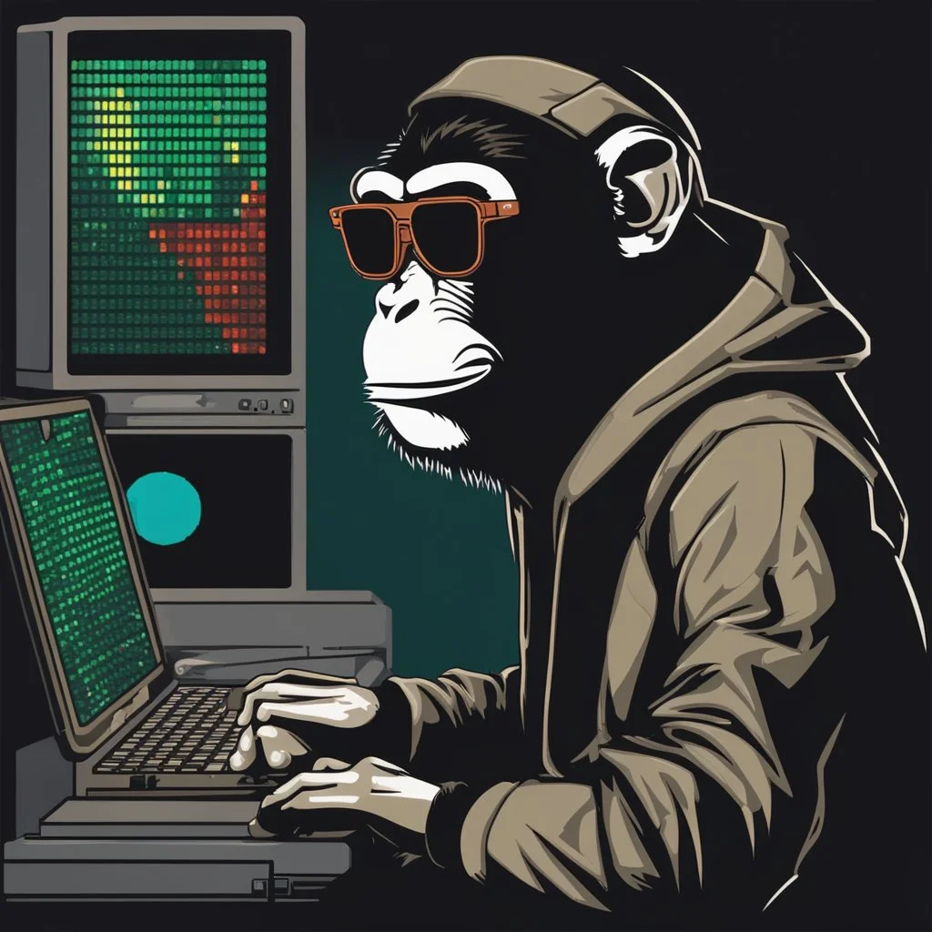 A Monkey sitting in front of a computer, wearing a hoodie and sunglasses. Matrix in background. Pixel Art. Profile Picture. Avatar. Pixel