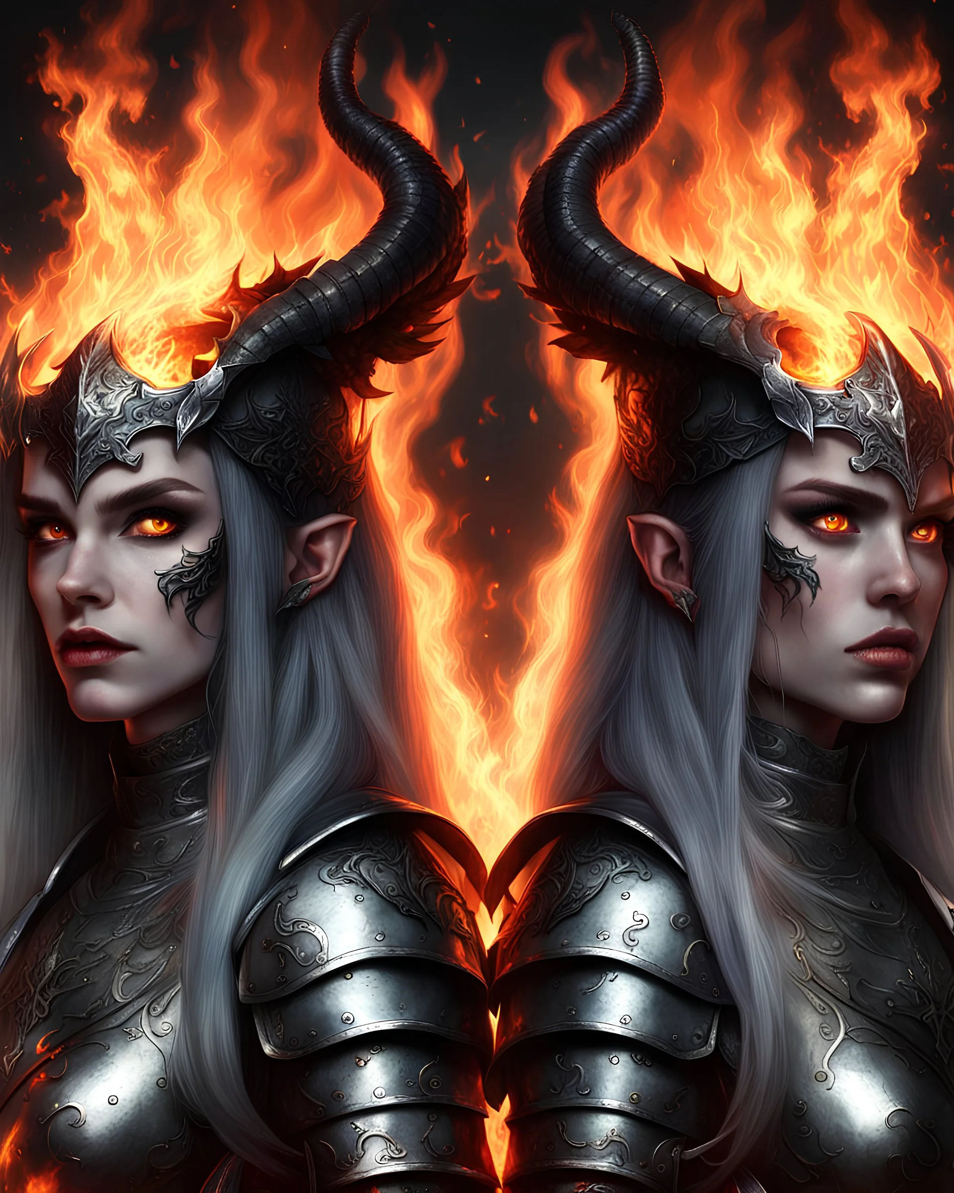 twin demonic sisters. strong and beautiful. white skin. dark hair. dressed in plate armor. wrapped in flames.