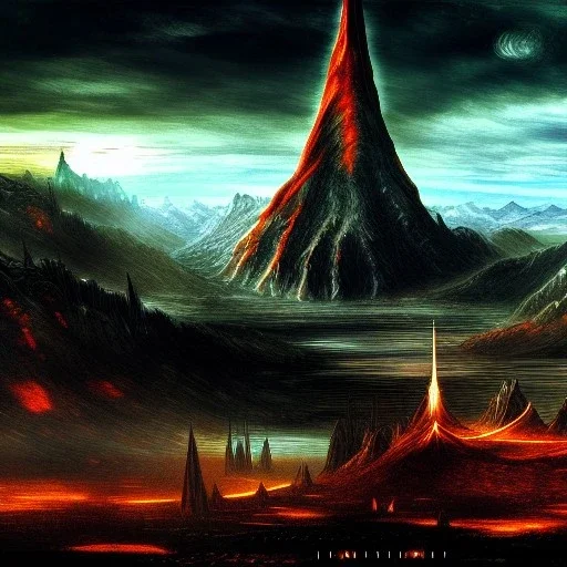 fantasy, vulcan, mordor landscape,Tower of sauron, photorealistic, 16k resolution, sharp focus, post-processing, LOTR, Van gogh Style