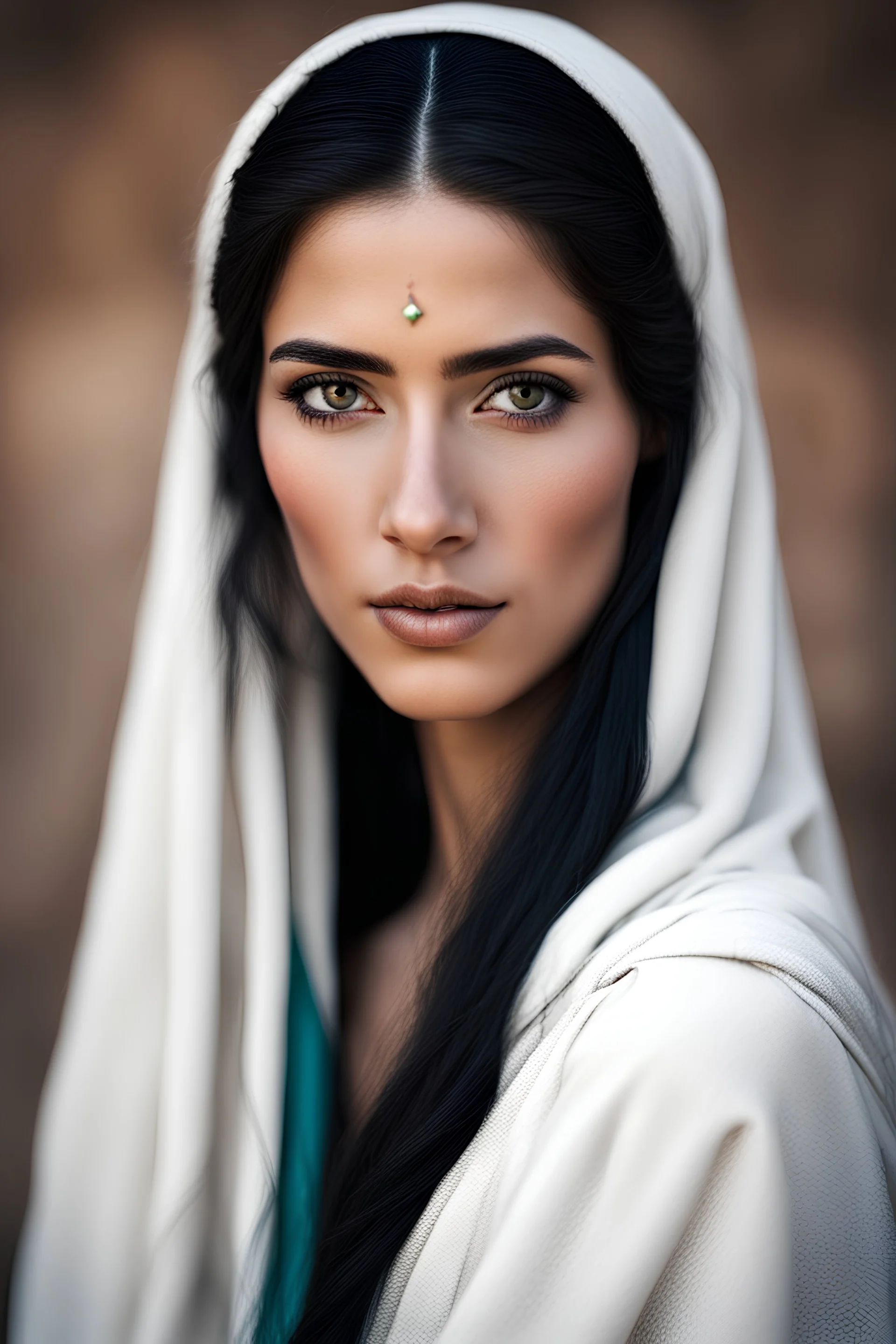 Portrait of a beautiful amazigh woman with black hair and white skin, and innocent features