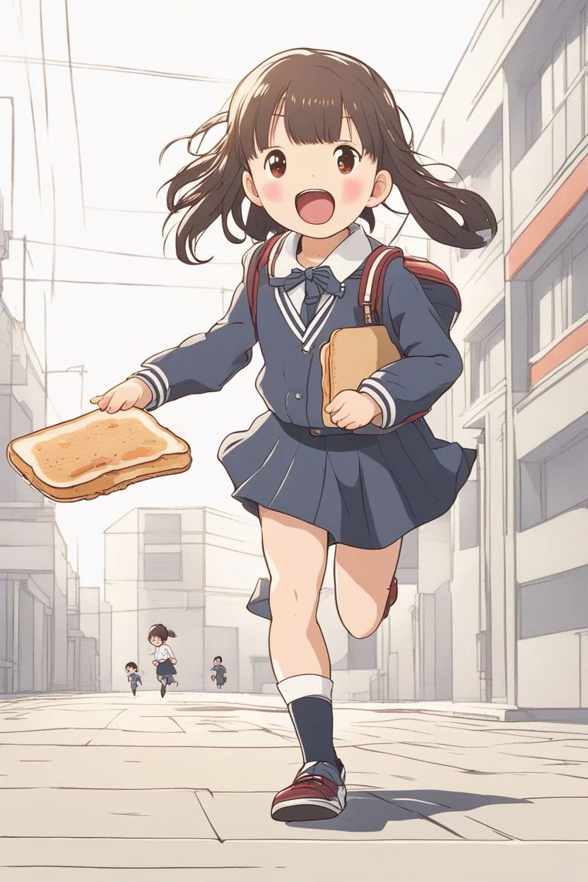 cute japanese school girl running with a slice of toast in her mouth