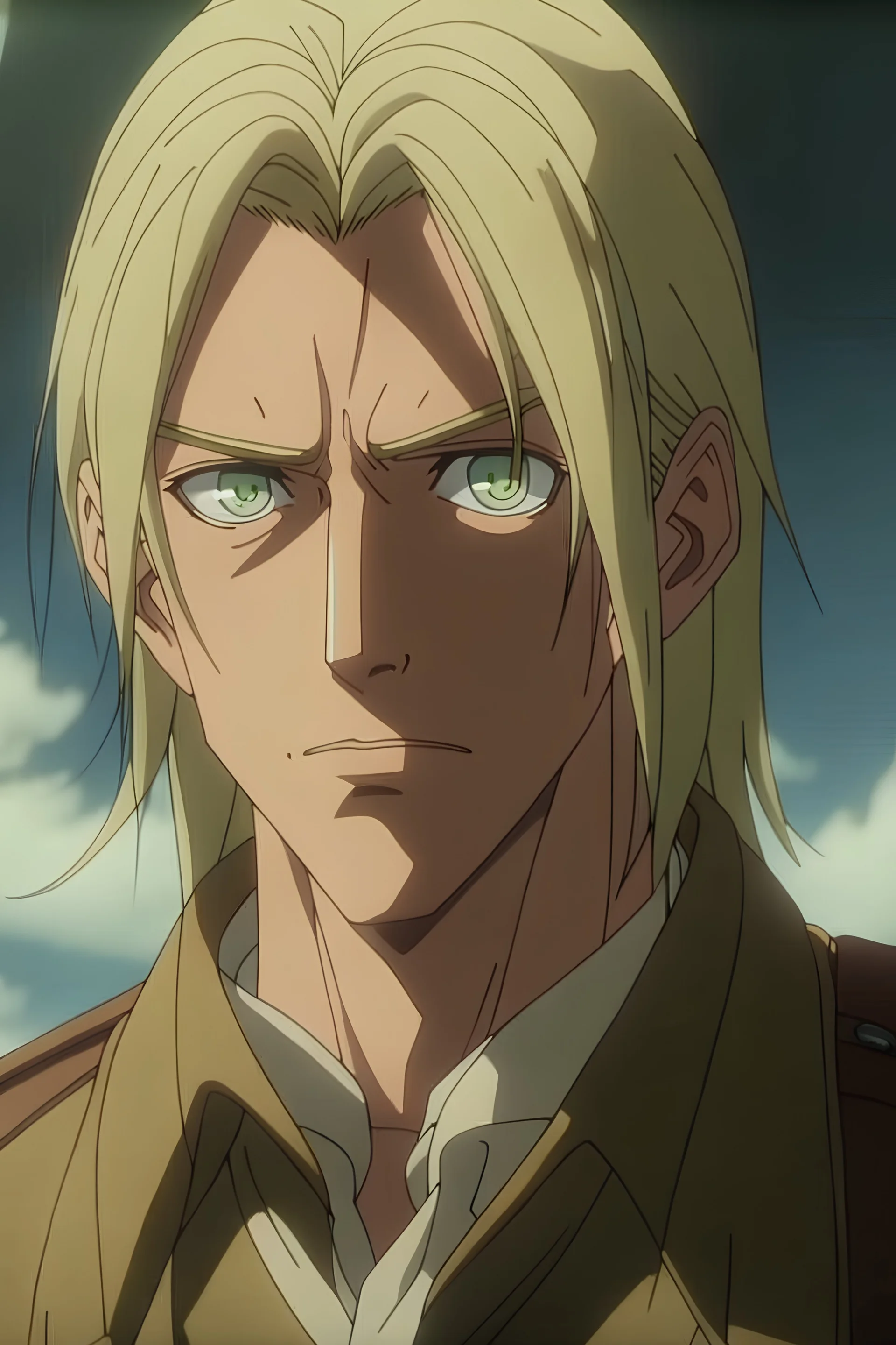 Attack on titan screencaps of a male. blond with long hair, deep green eyes and freckles on his nose. scar on the lips. big lips