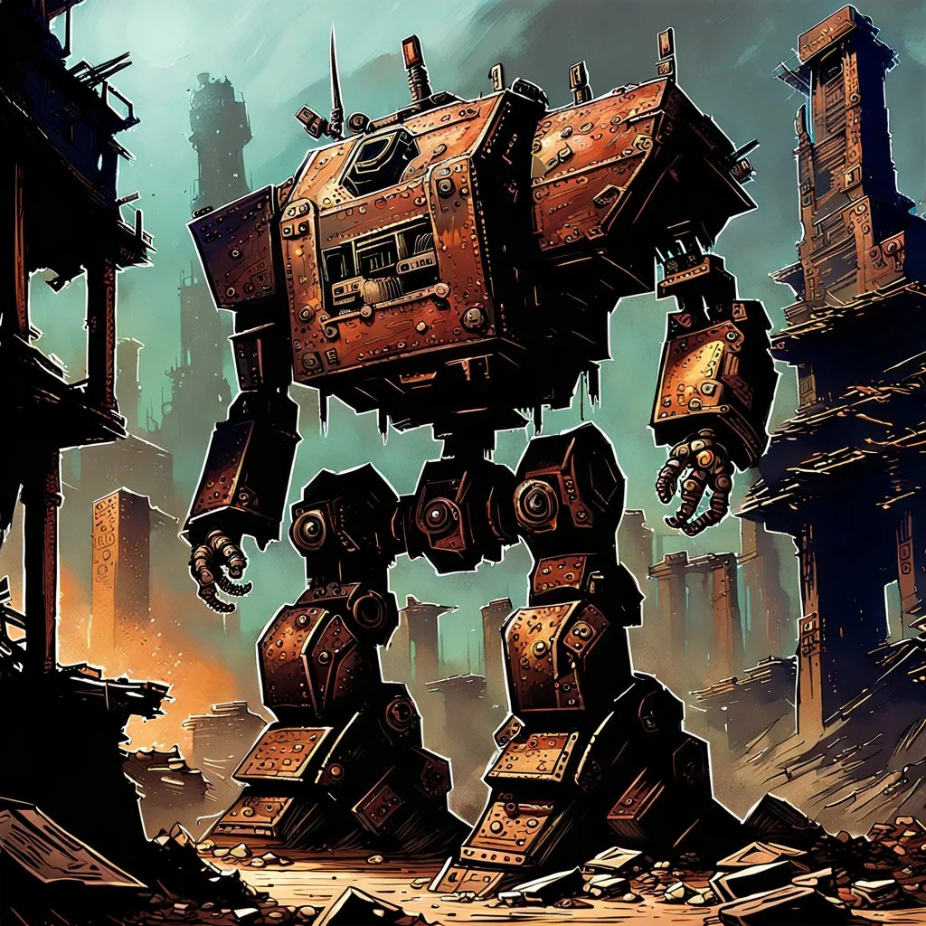 90's fantasy tcg art of a giant junk robot made of multiple parts in the ruins of a post apocalyptic city