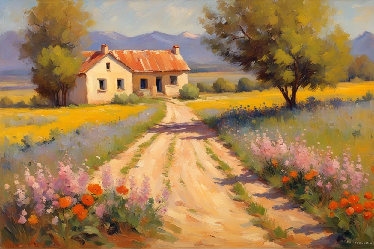 sunny day, mountains, trees, dirt road, flowers, spring, countryside, adobe house, wilfrid de glehn and rodolphe wytsman impressionism paintings