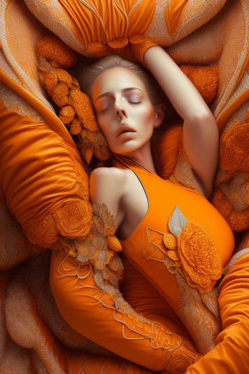 sleeping female, orange and yellow tones, insanely detailed and intricate, hypermaximalist, elegant, ornate, hyper realistic, super detailed, by Pyke Koch