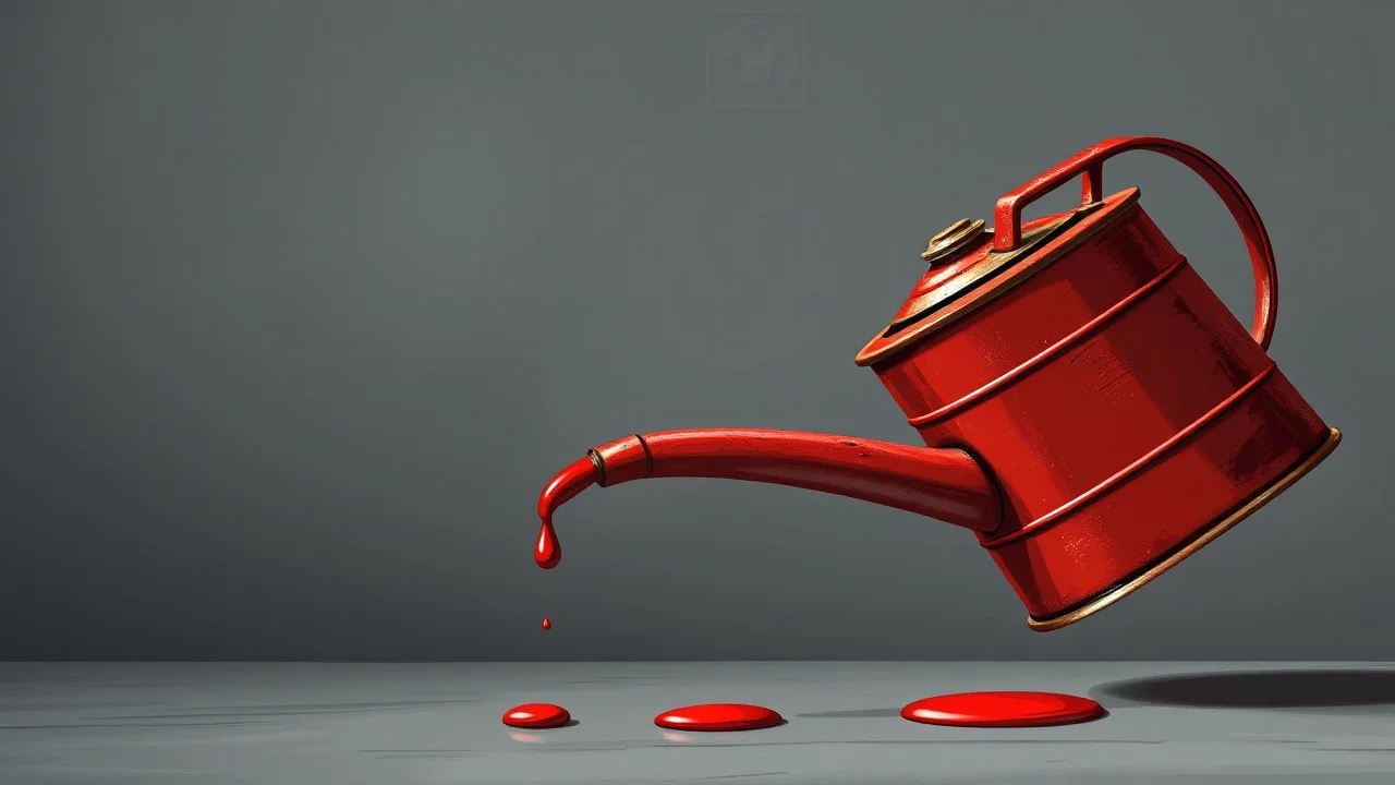 antique red oil-can tilted slightly with a drip of oil at the end, vector illustration