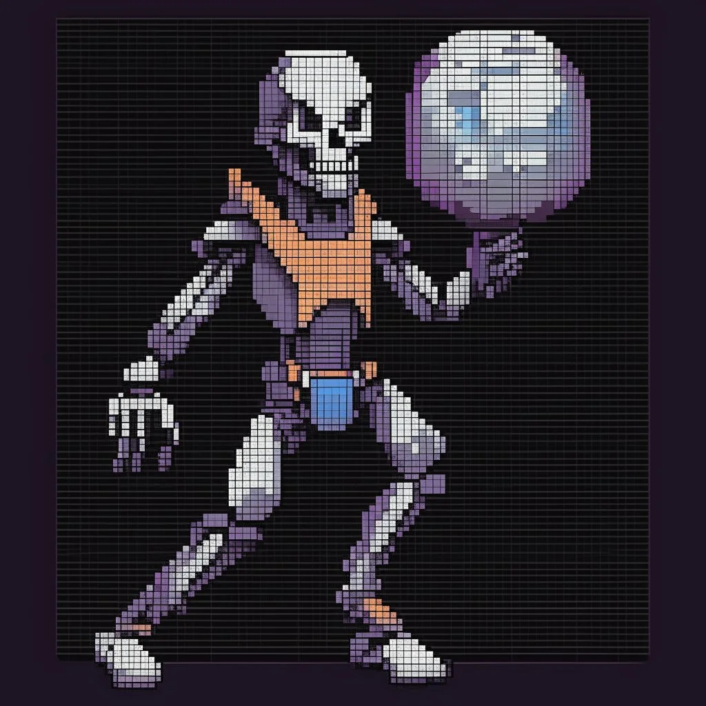 A pixel art cyberpunk version of the best football predictor master pundit soccer champ master skelleton