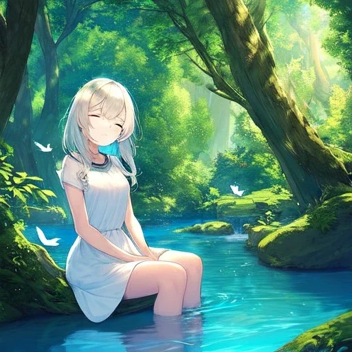 anime girl dressed in white dress, sitting in meditation pose with eye closed, very detailed, trees, blue birds flying, green trees, creek,water, eyes closed, sitting on a rock meditation pose