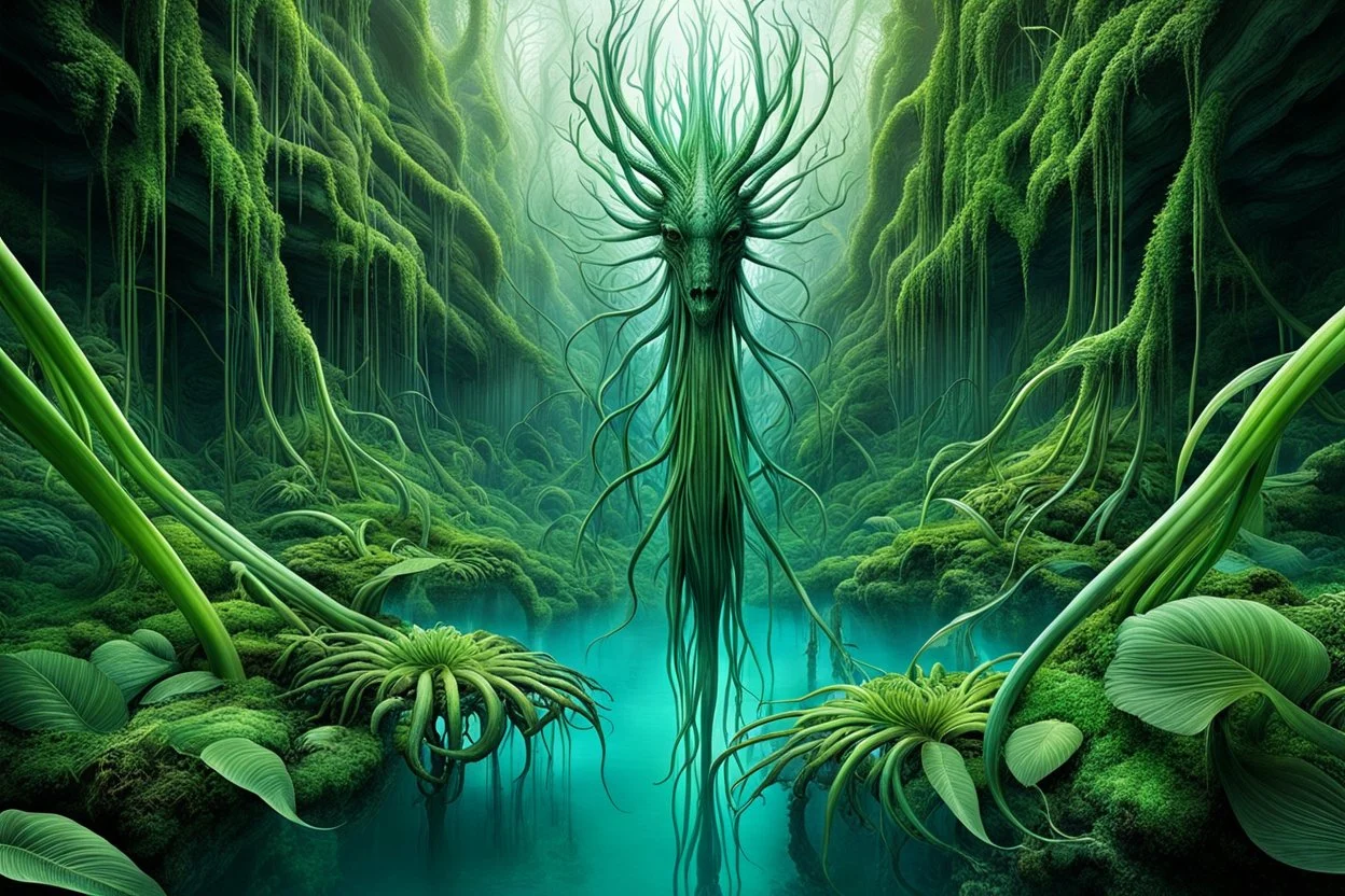 Ecological Art, plants, floating earths, long leaf tendrils, green colors and shades, blue waters, mitical human-plants mutant ecocreatures living fascinating in stunning alien flora, intricate details, sharp focus, filmy , surreal, frighteningly beautiful, perfect stunning composition