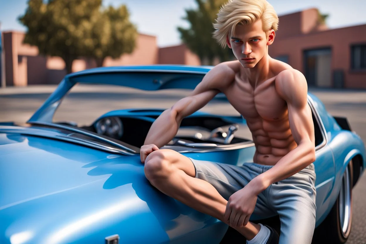 Hyperrealistisch 15jähriger schlanker effeminierter blonder Junge mit hellblauen Augen, das Haar mit Gel nach hinten gekämmt, sitzt auf der Motorhaube von Muscle Car und lässt die Beine runterbaumeln