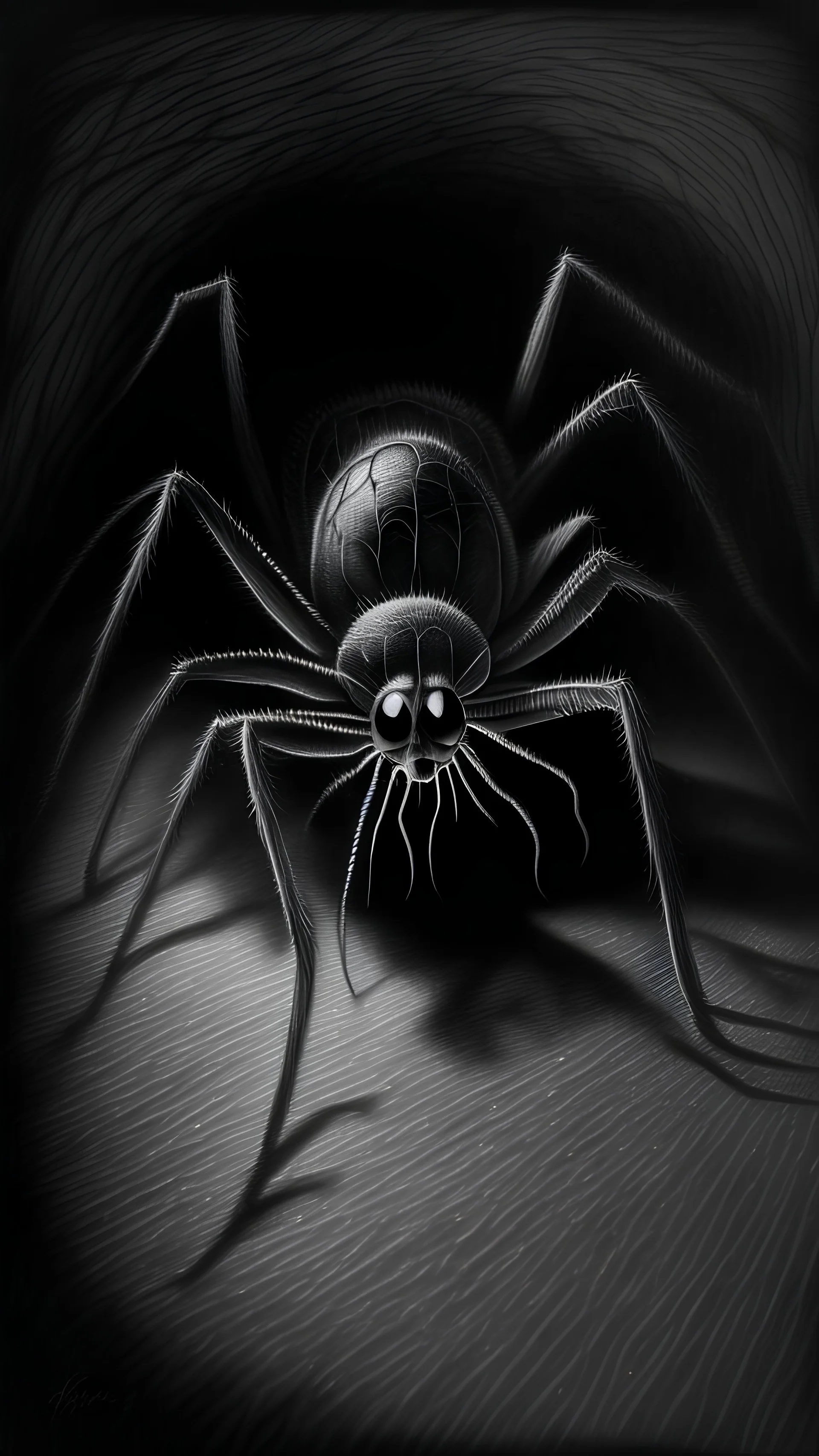 pencil drawing of a spider. Spooky, scary, halloween, realistic, black paper