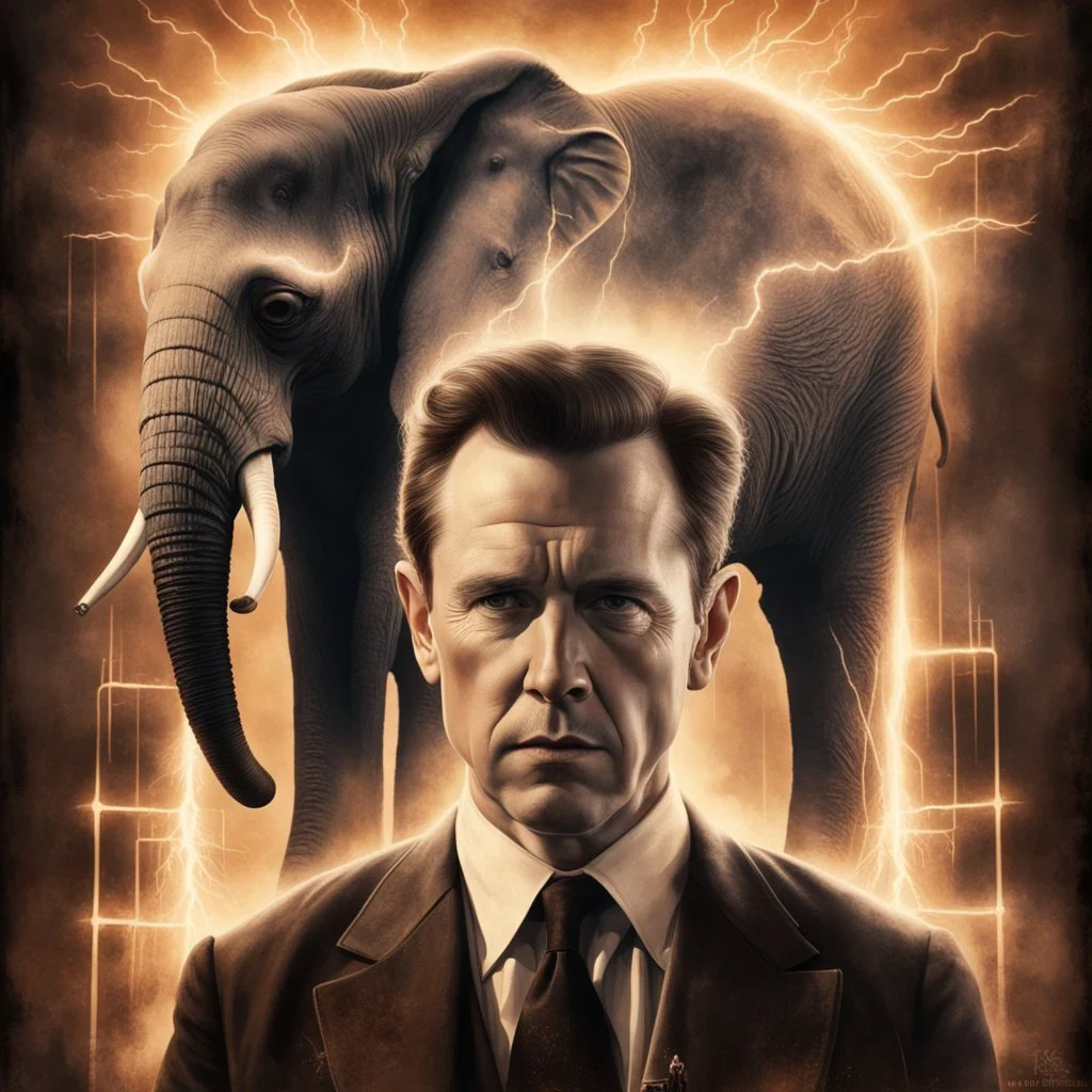 Movie poster double exposure image of portrait of sadly pensive Nikoli Tesla and an elephant hooked up to large tesla coils by Drew Struzan, Heartbreaking Work of Staggering Genius, dramatic, cinematic, movie poster composition, hyperrealistic, nostalgic sepia tones.