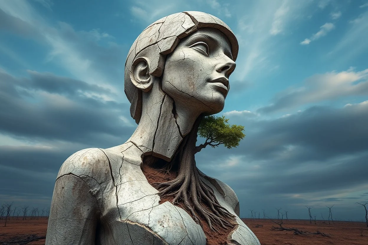 create a surreal sculpture-like portrait of a female figure made of aged, cracked stone. Her torso and face have large broken areas revealing a living tree growing within, roots connected to the barren ground. Sky in soft blue hues with drifting clouds, dramatic and timeless, high realism with symbolic surrealism --v 7 --style raw --ar 3:4