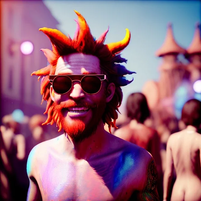 Ultra Realistic photo, medium shot view, drunken dancer naked man, carnival scene, monster hair, steampunk. Red hair, confeti, Sunglasses, smile, happy, festival, ovnis, gradient color fog. highly detailed, concept art, unreal engine 5, ray tracing, RTX, lumen lighting, ultra detail, volumetric lighting, 3d, finely drawn, high definition, high resolution.