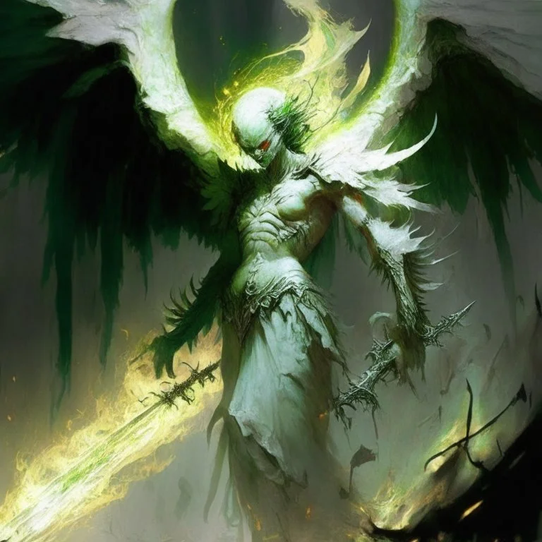 angel caido de color verde palido con una espada en llamas
