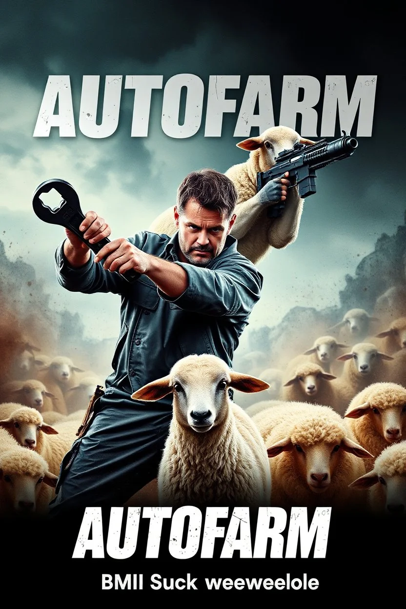 "Design a 90s-style action movie poster titled 'AUTOfarm.' Feature a heroic mechanic in the foreground, fiercely battling thousands of adversaries with a spanner. In the background, include a determined sheep wielding a machine gun. Capture the high-energy, gritty aesthetic of classic 90s action films, with intense and dynamic elements. Prominently display the subtitle ' BMI Suck weeweehole' in bold, impactful lettering."