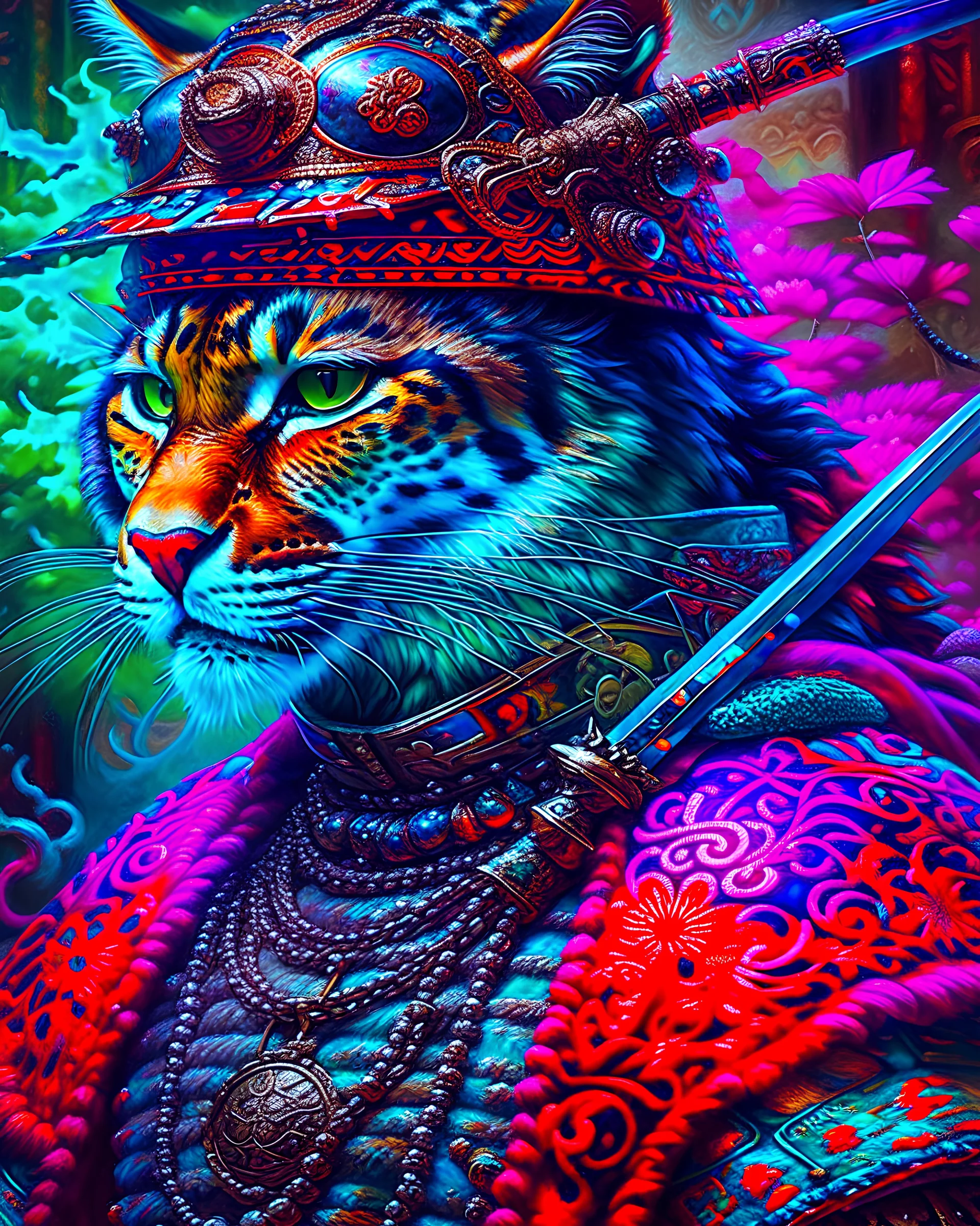 Leopard Samurai intricate oil painting hyper-detailed maximalist 8k