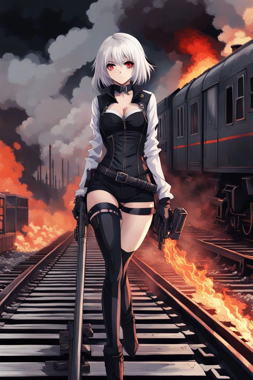 close-up gothic anime girl, white hair, tight outfit with gun on thigh, standing on a train track, smoke and fire surroundings, she is dull and dark, looks determined , train approaching behind her, anime manga style